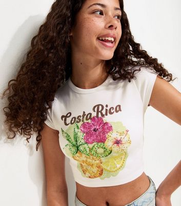 Girls White Gem Embellished Costa Rica Print T-Shirt