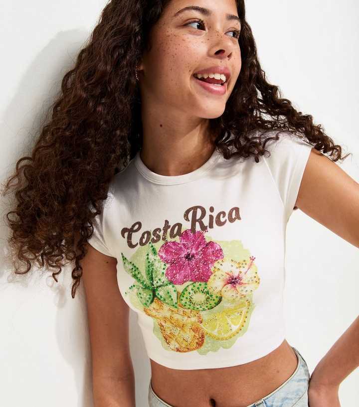 Girls White Gem Embellished Costa Rica Print T-Shirt