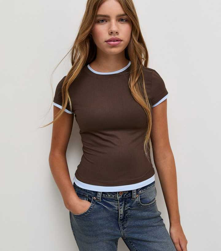 Girls Dark Brown Baby Tee Ringer T-Shirt