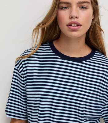 Girls Blue Cotton Striped Boxy T-Shirt