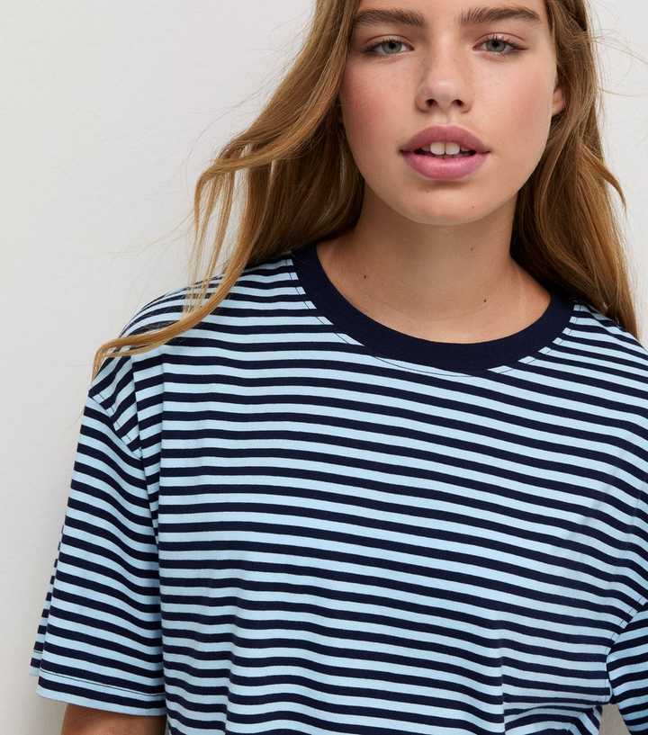 Girls Blue Cotton Striped Boxy T-Shirt