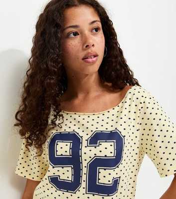 Girls Light Yellow Cotton Rich 92 Spot Print Slash Neck T-Shirt
