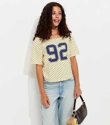 Girls Light Yellow Cotton Rich 92 Spot Print Slash Neck T-Shirt