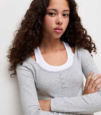 Girls Grey Cotton Rich 2 In 1 Halter Strap Henley Long Sleeve Top