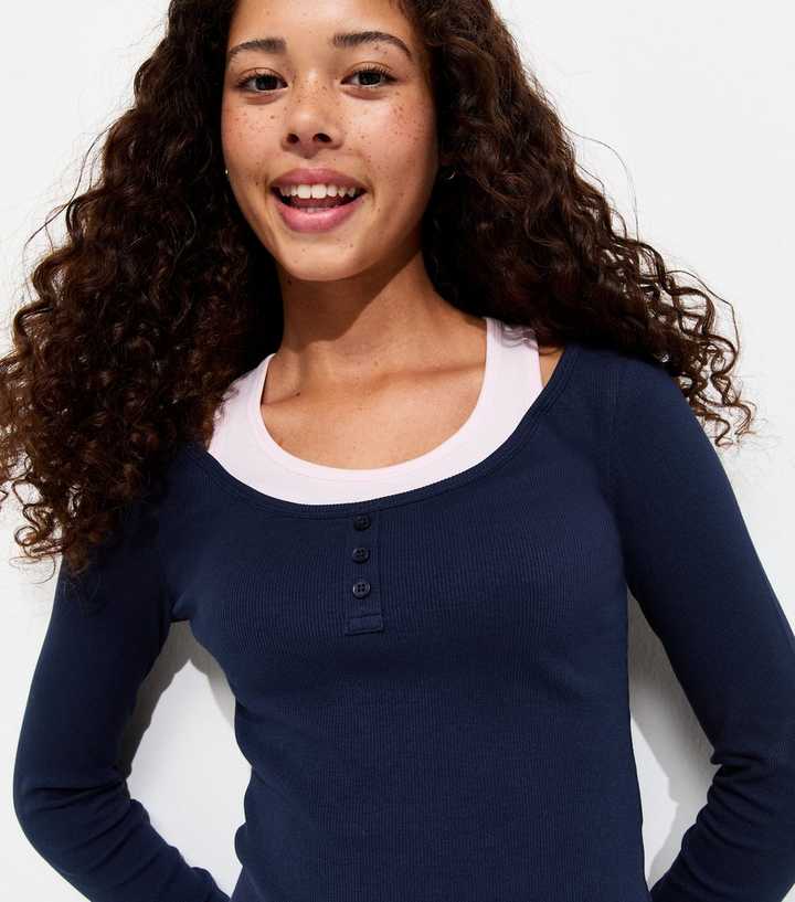 Girls Navy Cotton Rich 2 In 1 Halter Strap Henley Long Sleeve Top