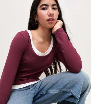 Girls Dark Burgundy Layered Scoop Neck Long Sleeve Top