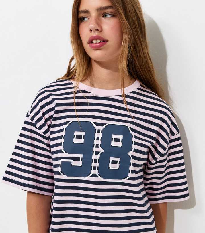 Girls Blue Cotton Rich 98 Stripe Print Boxy Fit T-Shirt