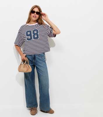 Girls Blue Cotton Rich 98 Stripe Print Boxy Fit T-Shirt
