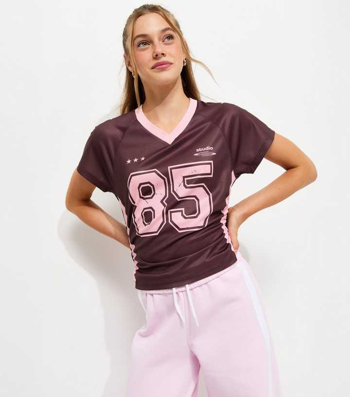 Girls Dark Burgundy 85 Star Print Ruched Side Football Top