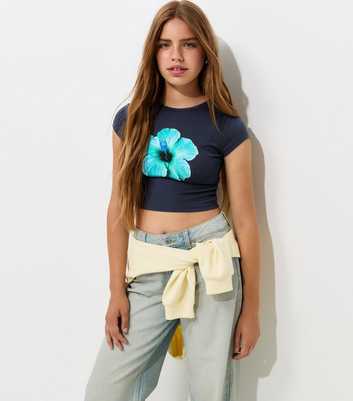 Girls Navy Cotton Hibiscus Print Ruched Side Cropped T-Shirt