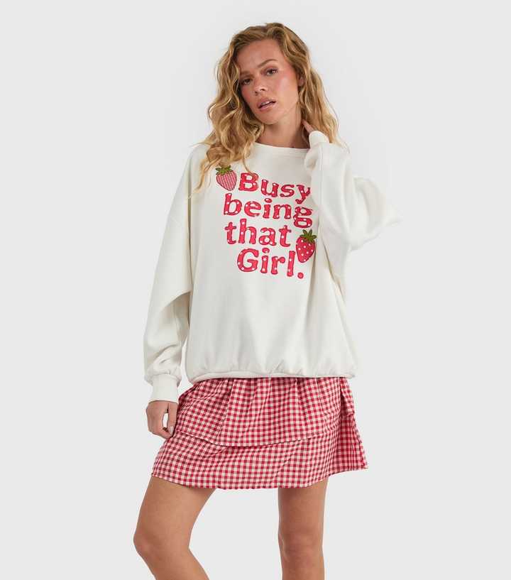 Skinnydip White Busy Being That Girl Strawberry Embroidered Sweatshirt