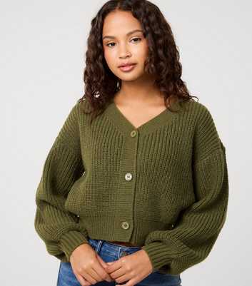 Pink Vanilla Dark Khaki Cropped Button Front Cardigan