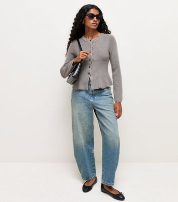Petite Grey Rib Knit Peplum Cardigan | New Look