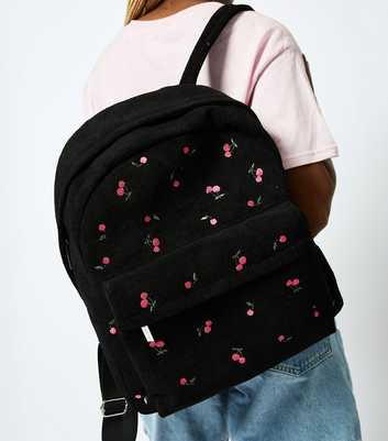 Skinnydip Black Corduroy Cherry Embroidered Backpack