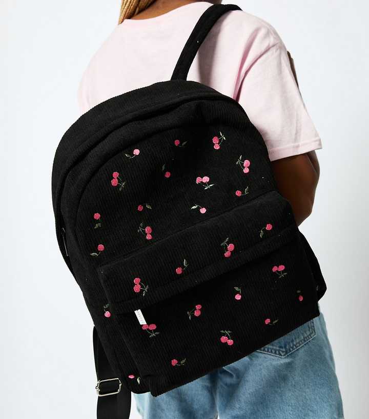 Skinnydip Black Corduroy Cherry Embroidered Backpack