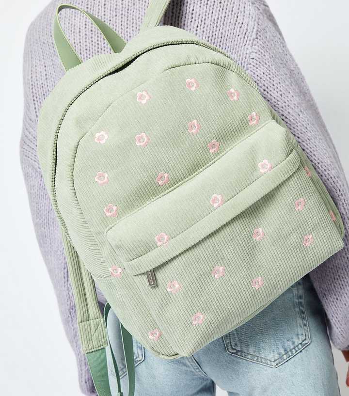 Skinnydip Light Green Daisy Embroidered Corduroy Backpack