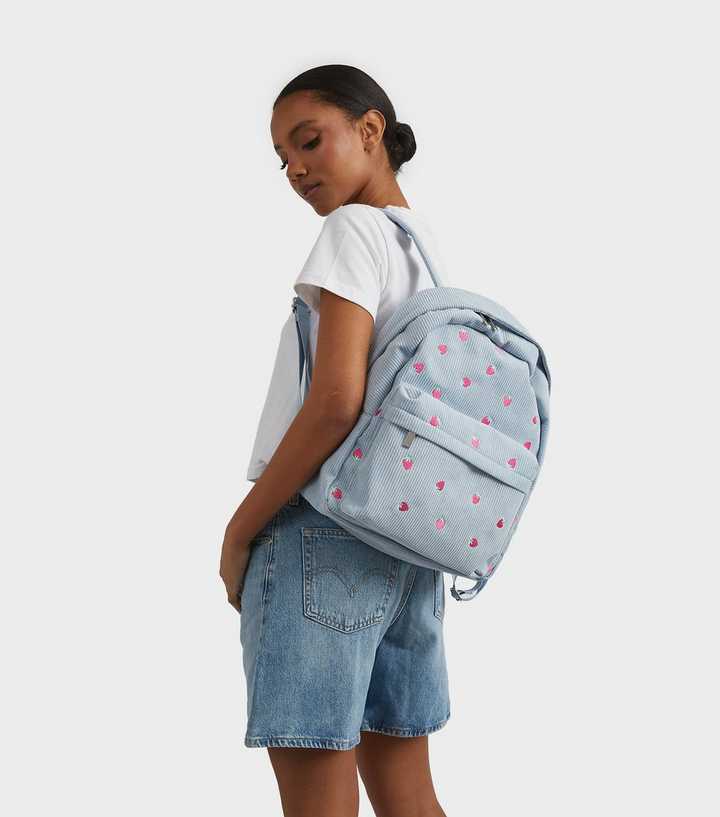 Skinnydip Light Blue Embroidered Strawberry Corduroy Backpack
