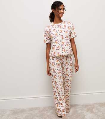Cream Bear Bow Patterned Pyjama Trouser Set