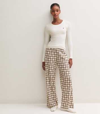 Cream Cotton Rich Check Heart Print Long Sleeve Top and Trousers Pyjama Set