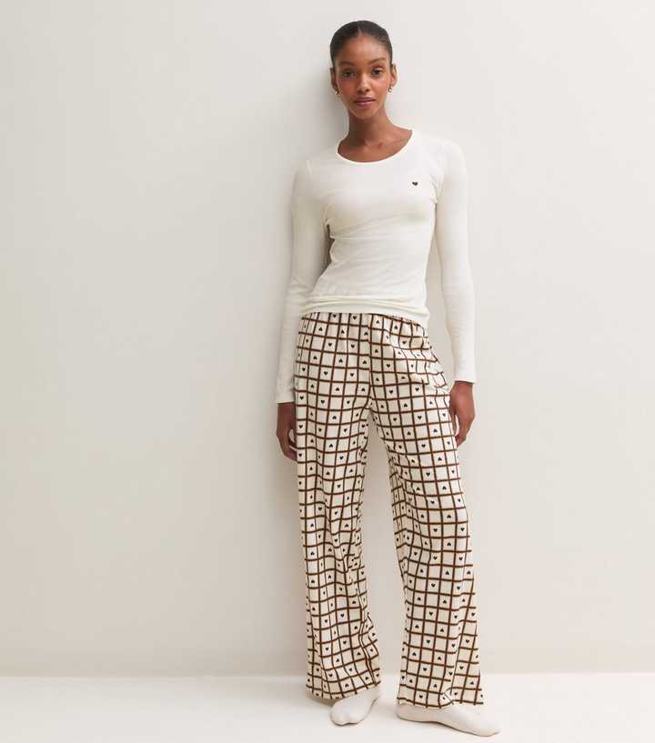 Cream Cotton Rich Check Heart Print Long Sleeve Top and Trousers Pyjama Set