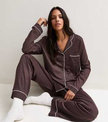 Dark Brown Jersey Revere Shirt and Trousers Pyjama Set