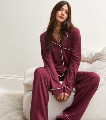 Dark Burgundy Jersey Revere Shirt and Trousers Pyjama Set