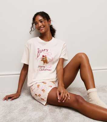 Cream Cotton A Beary Merry Christmas Print Pyjama Shorts Set