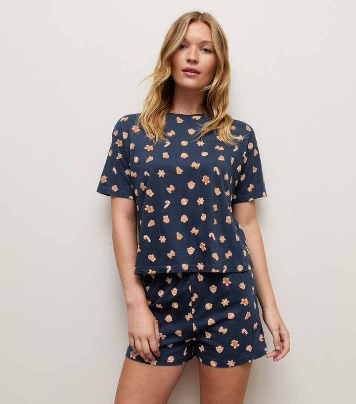 Navy Cotton Rich Gingerbread Patterned Pyjama Shorts Set