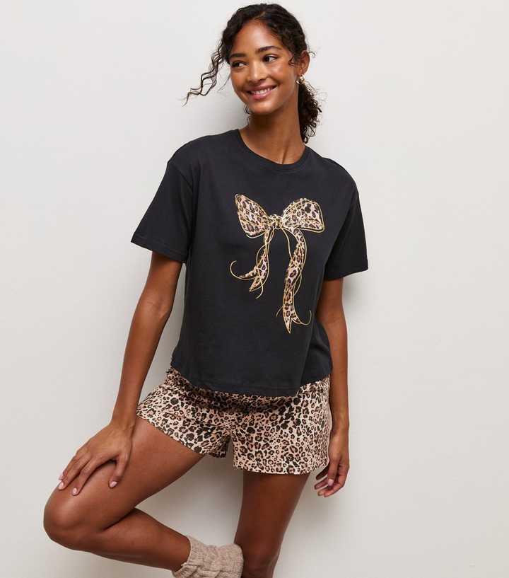 Black Cotton Leopard Print Bow Pyjama Shorts Set