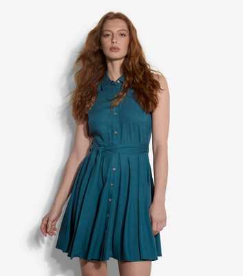 Apricot Teal With Linen Sleeveless Mini Shirt Dress