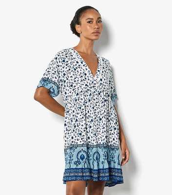Apricot Blue Floral Border Print Mini Dress