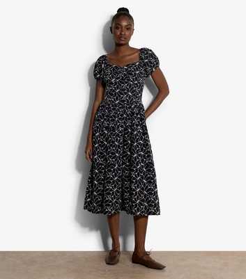 Apricot Navy Embroidered Floral Milkmaid Midi Dress