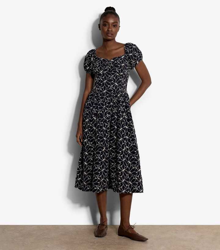 Apricot Navy Embroidered Floral Milkmaid Midi Dress