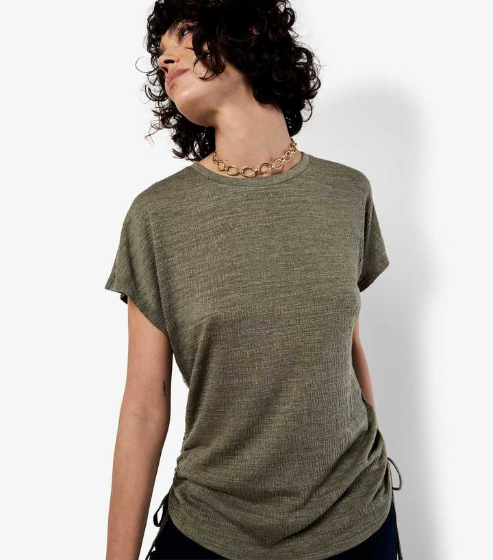 Apricot Dark Khaki Textured Ruched Seam T-Shirt