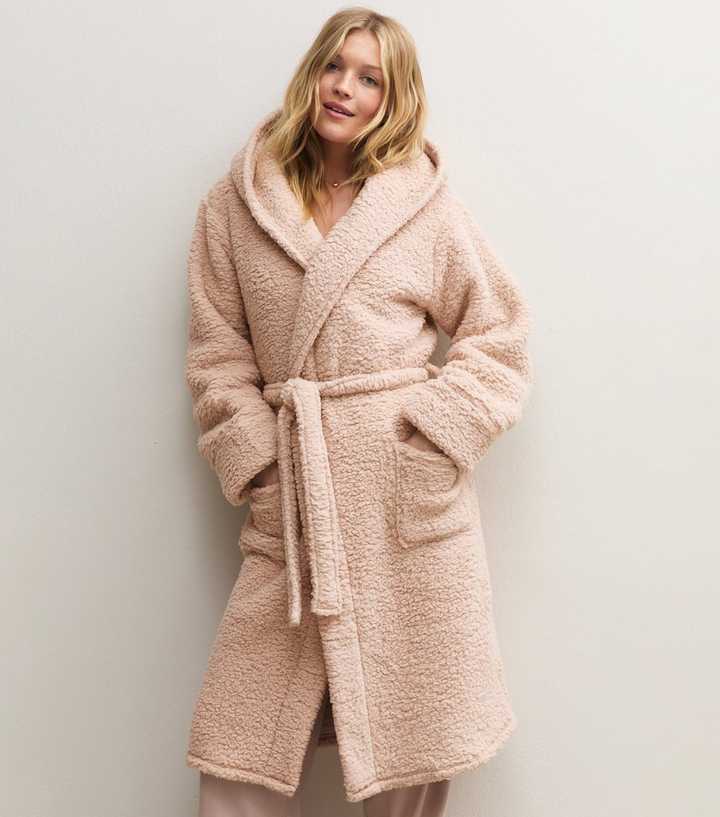 Light Brown Borg Hooded Dressing Gown