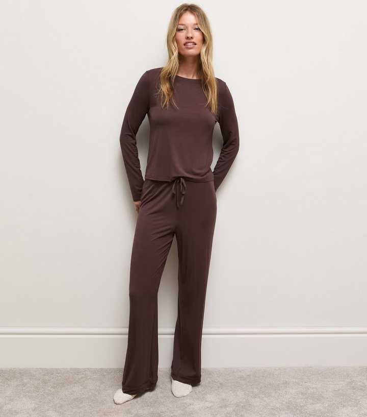 Dark Brown Jersey Long Sleeve Top and Trousers Set