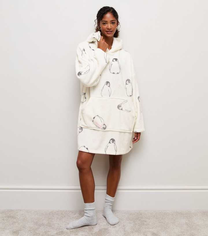 Cream Penguin Pattern Plush Onesie Hoodie