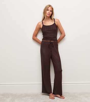 Dark Brown Pointelle Jersey Wide Leg Trousers