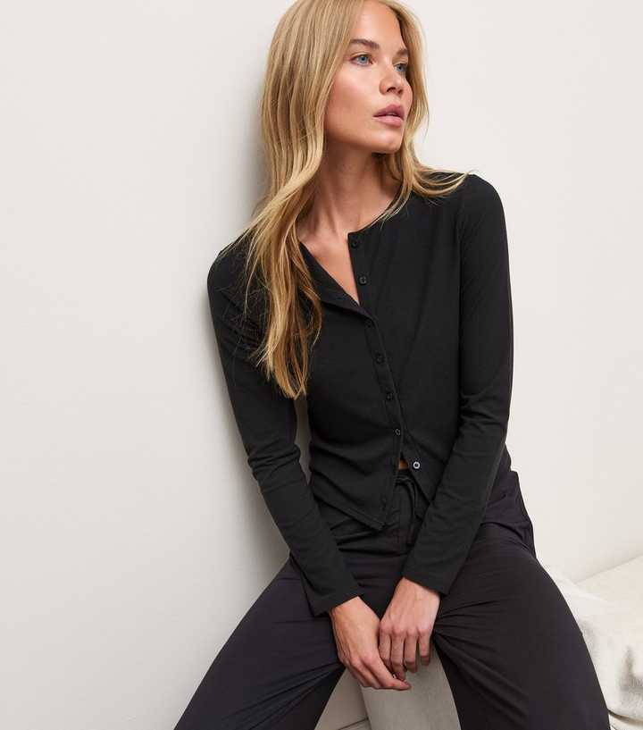 Black Ribbed Crew Neck Cardigan