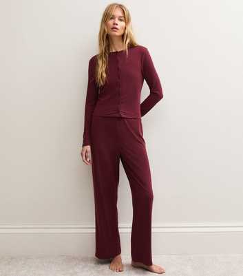 Dark Burgundy Ribbed Crew Neck Cardigan