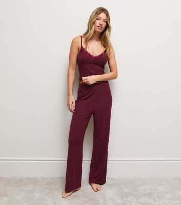 Dark Burgundy Rib Jersey Wide Leg Trousers