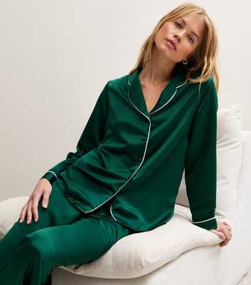 Dark Green Satin Revere Shirt and Trousers Pyjama Set