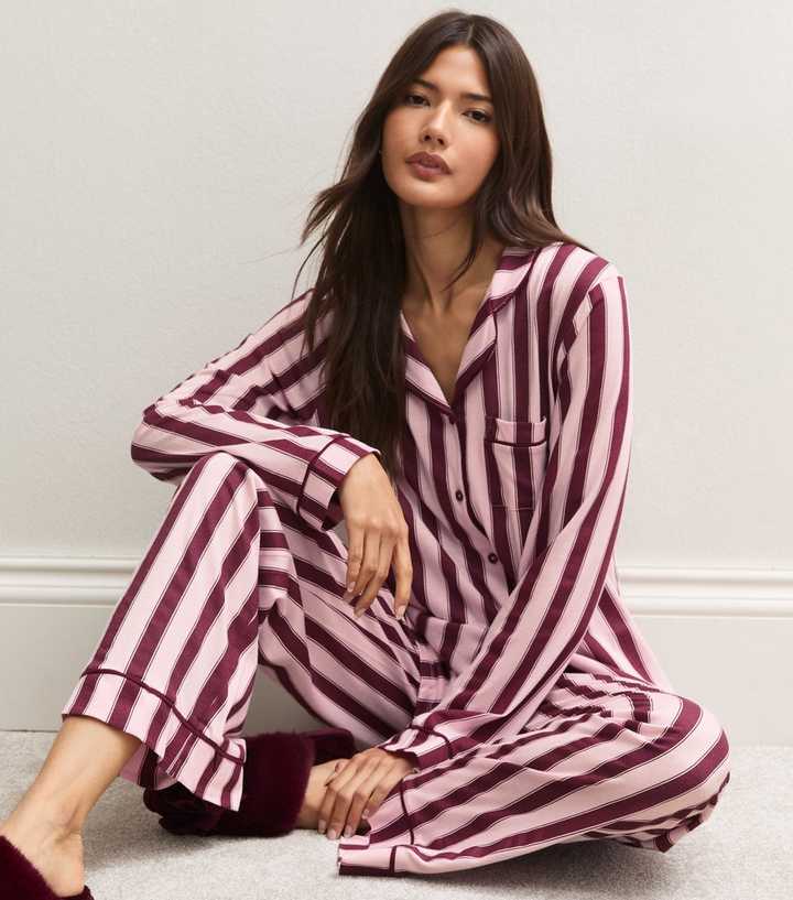 Burgundy Stripe Jersey Revere Shirt and Trousers Pyjama Set