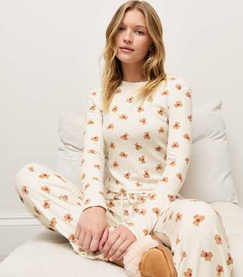 Cream Bear Print Pointelle Long Sleeve Pyjama Top