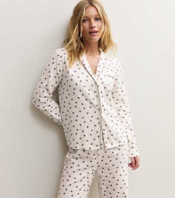 Cream Cotton Heart Print Shirt and Trousers Pyjama Set