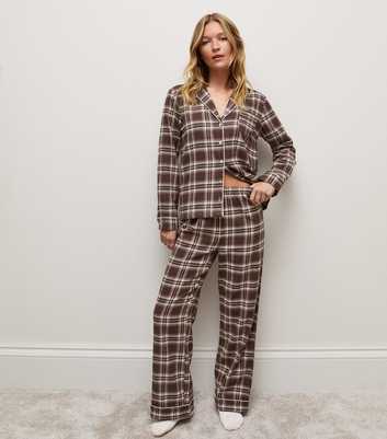 Brown Cotton Rich Check Revere Collar Long Sleeve and Trousers Pyjama Set