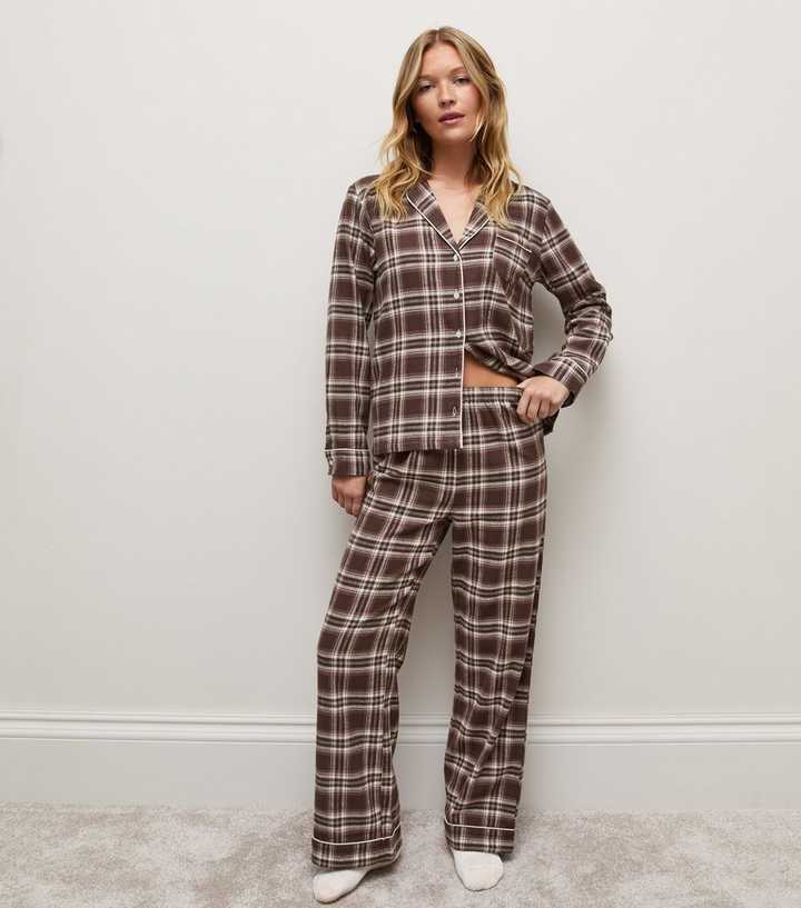 Brown Cotton Rich Check Revere Collar Long Sleeve and Trousers Pyjama Set