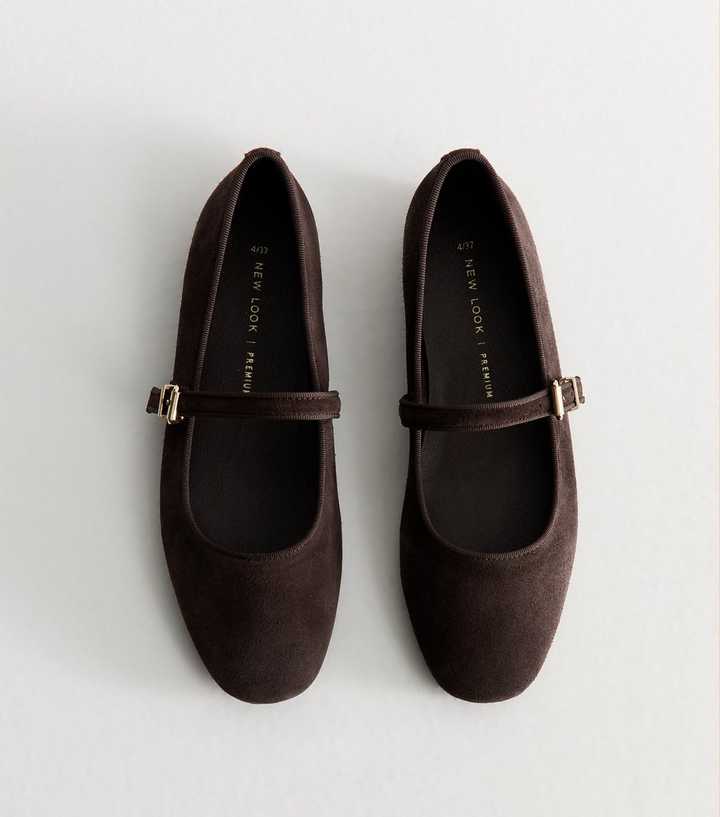 Premium Dark Brown Real Suede Mary Jane Ballet Flats