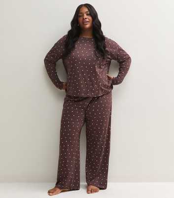 Curves Brown Cotton Heart Top and Trousers Pyjama Set
