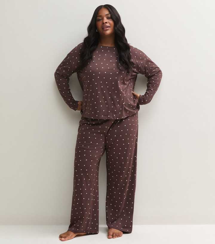 Curves Brown Cotton Heart Top and Trousers Pyjama Set